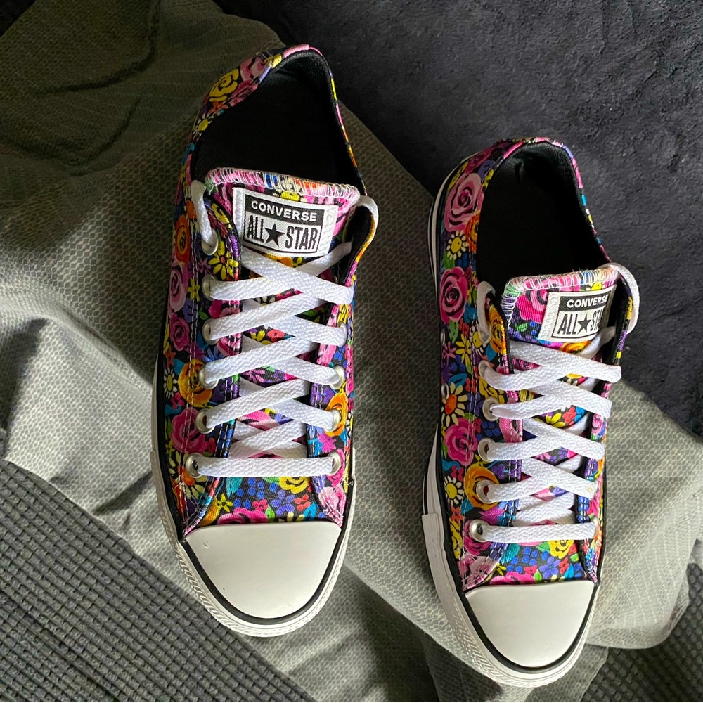 Converse sneakers;Women’s size 9; multicolored brights; flowers pattern